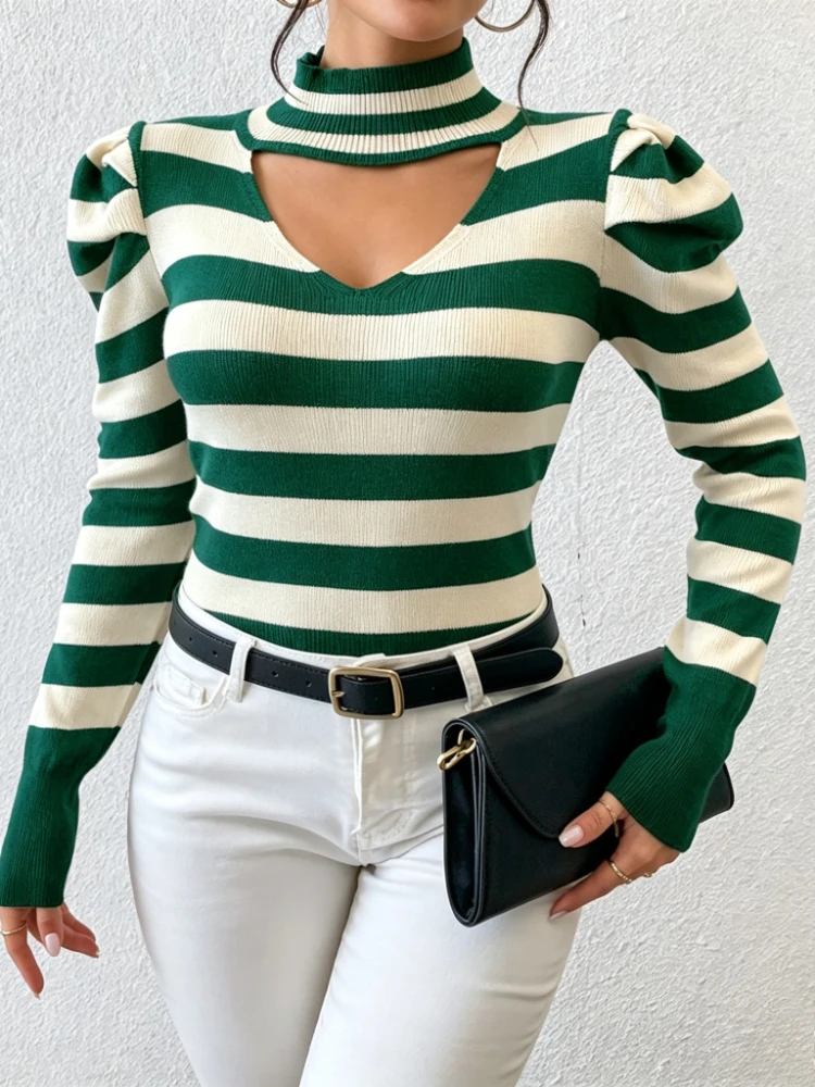 Women Mock Neck Cutout Striped Knit Sweater Puff Shoulder Green Stripe Elastic Knit Long Sleeve Slim Fitted Bodycon Pullover Top