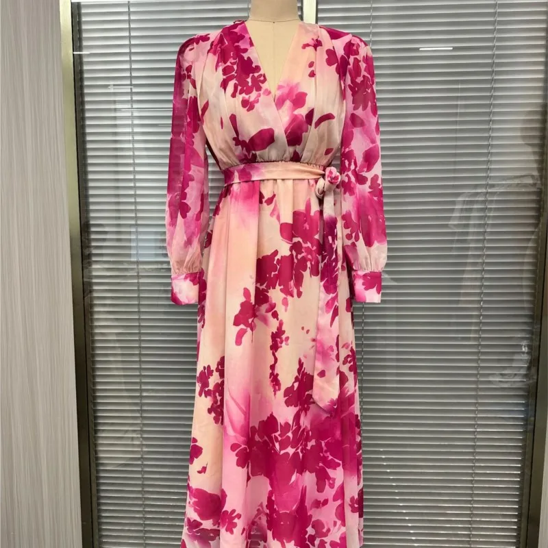 

Spring New Lantern Sleeve Elegant Party Dresses Woman Chic Floral Print V Neck Maxi Dress Summer High Waist Tie-up Boho Dress