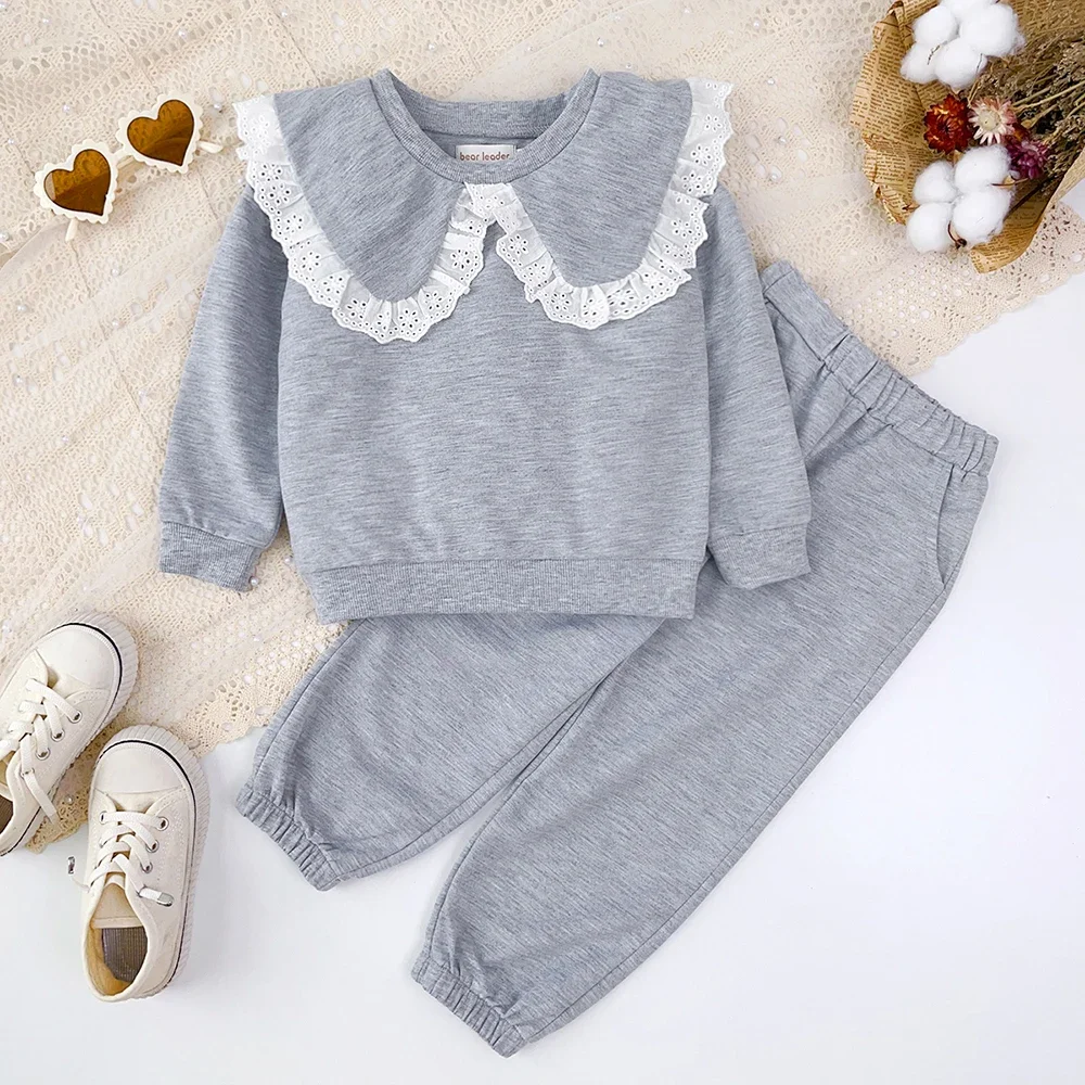 Autumn Grey Sports Style Children's Sets Long Sleeve Lace Collar Top+Pants 2-piece Spring Daily Minimalist Kids Clothes Girls