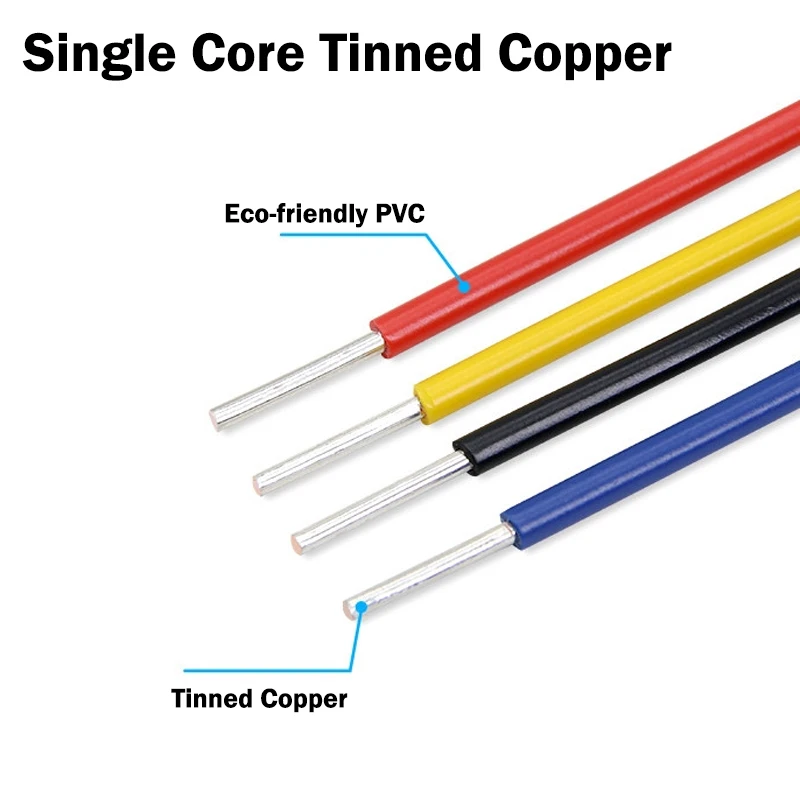 Single Core Tinned Copper 1007 Electric Wire 26 24 22 20 18 16 14AWG PVC Insulation Solid Line Tinned Plating Electronic Cables