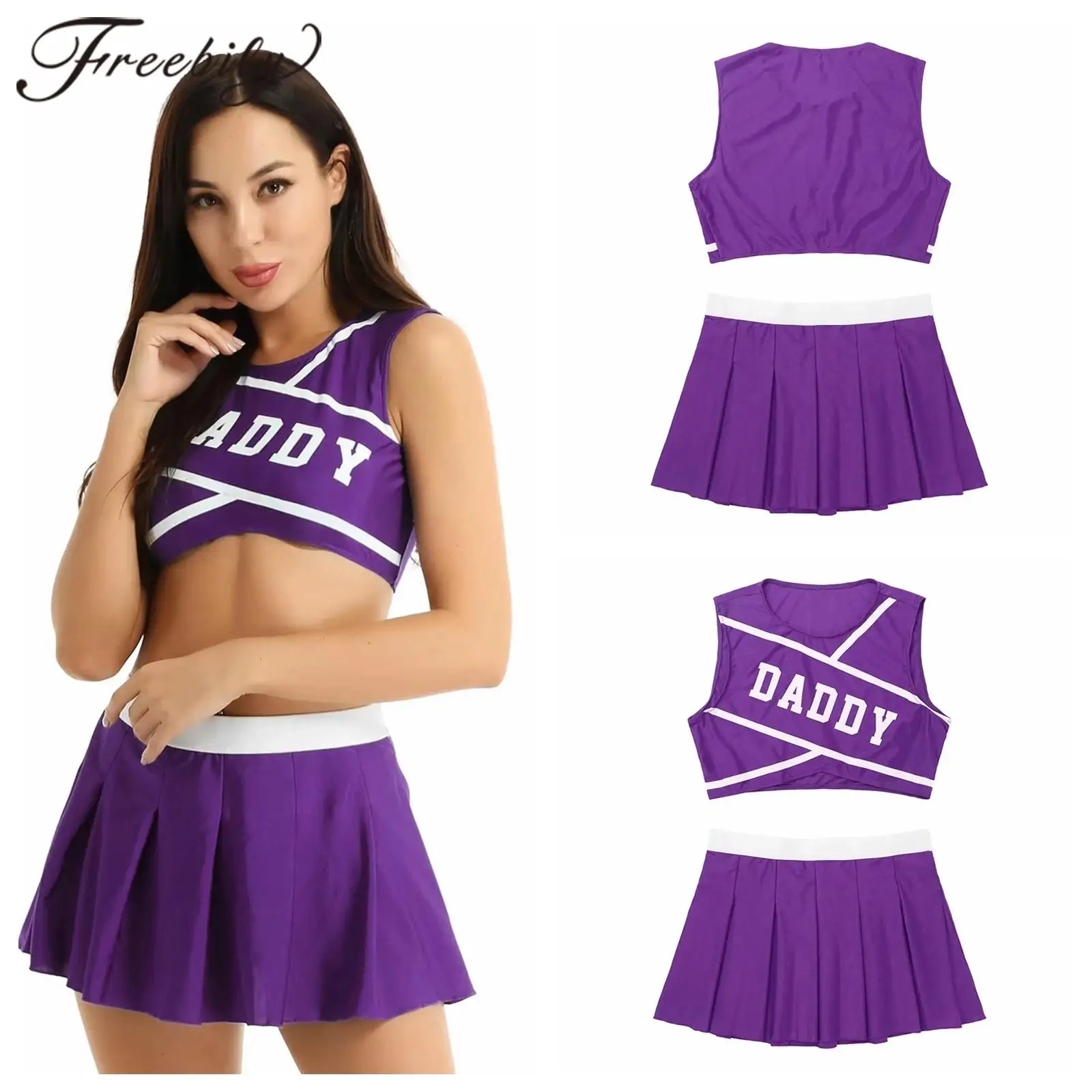 

Women Cheerleading Uniform Game Sports Competition Cheerleader Costumes Set Sleeveless Crop Tops + Mini Skirt Cheerlead Outfits