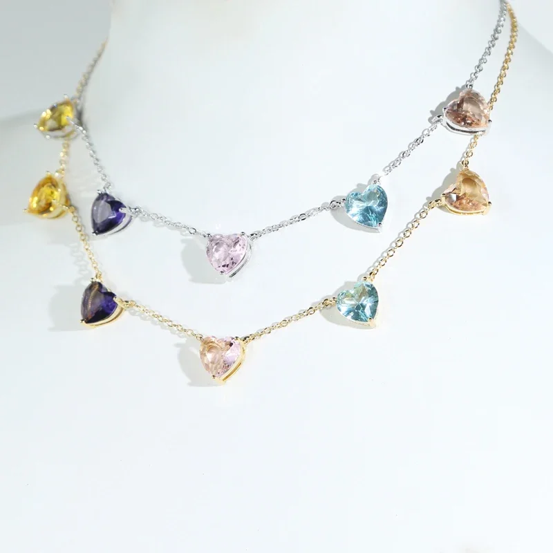 Pastel Colorful Women\'s Choker Necklace with 5 PCS Big Heart Shaped Birthstone Stones