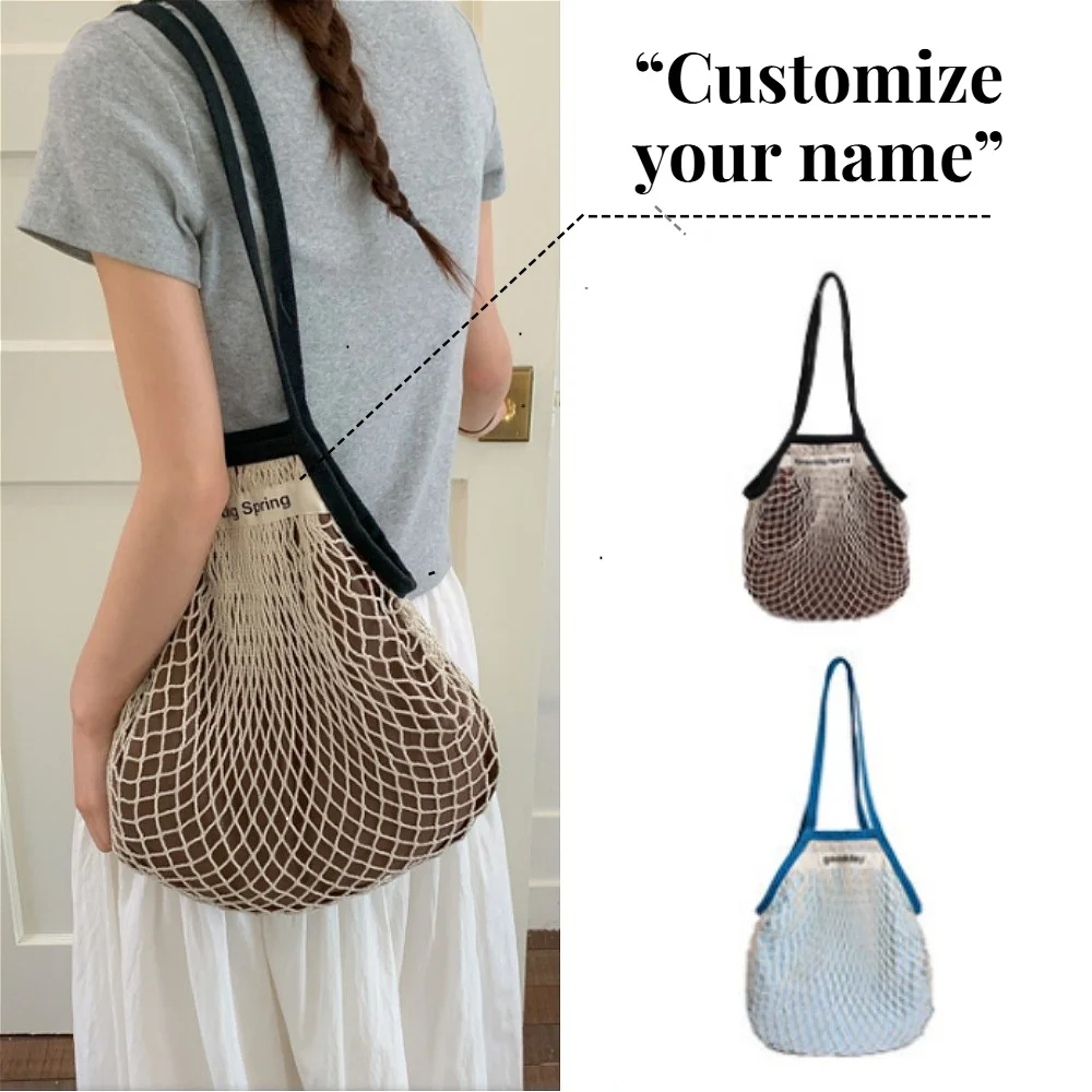 Custom Name Cotton Mesh Net Shopping Bag Personalized Custom Embroidered Cotton Mesh Shoulder Bag Eco Friendly Reusable Shopping