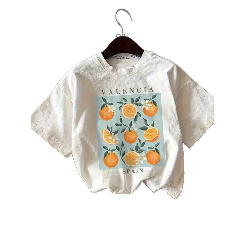 

Pure Cotton Summer Women's T-shirts Trend Print Orange Casual Cute Round Neck Clothes For Women Study Street Aesthetic Top
