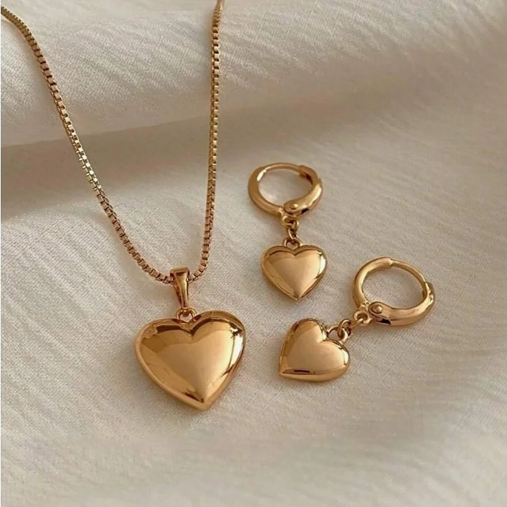 Glossy Gold Plated Metal Love Heart Dangle Earrings Necklace Jewelry Set for Women Simple Dainty Daily Wear Outfit Accessories image 3