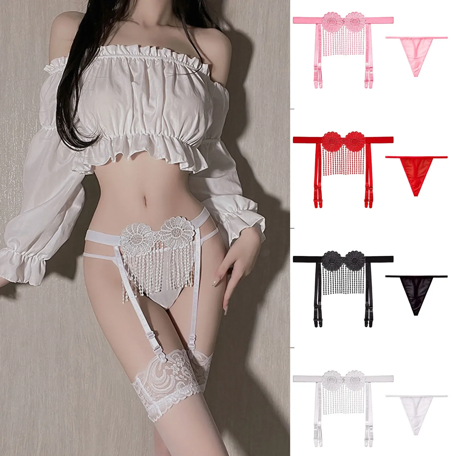 

Lady Sexy Transparent Lace Suspender Stockings Fringed Garter Belt G-string Underwear Women Sexy Lingerie Tanga Thongs Panties