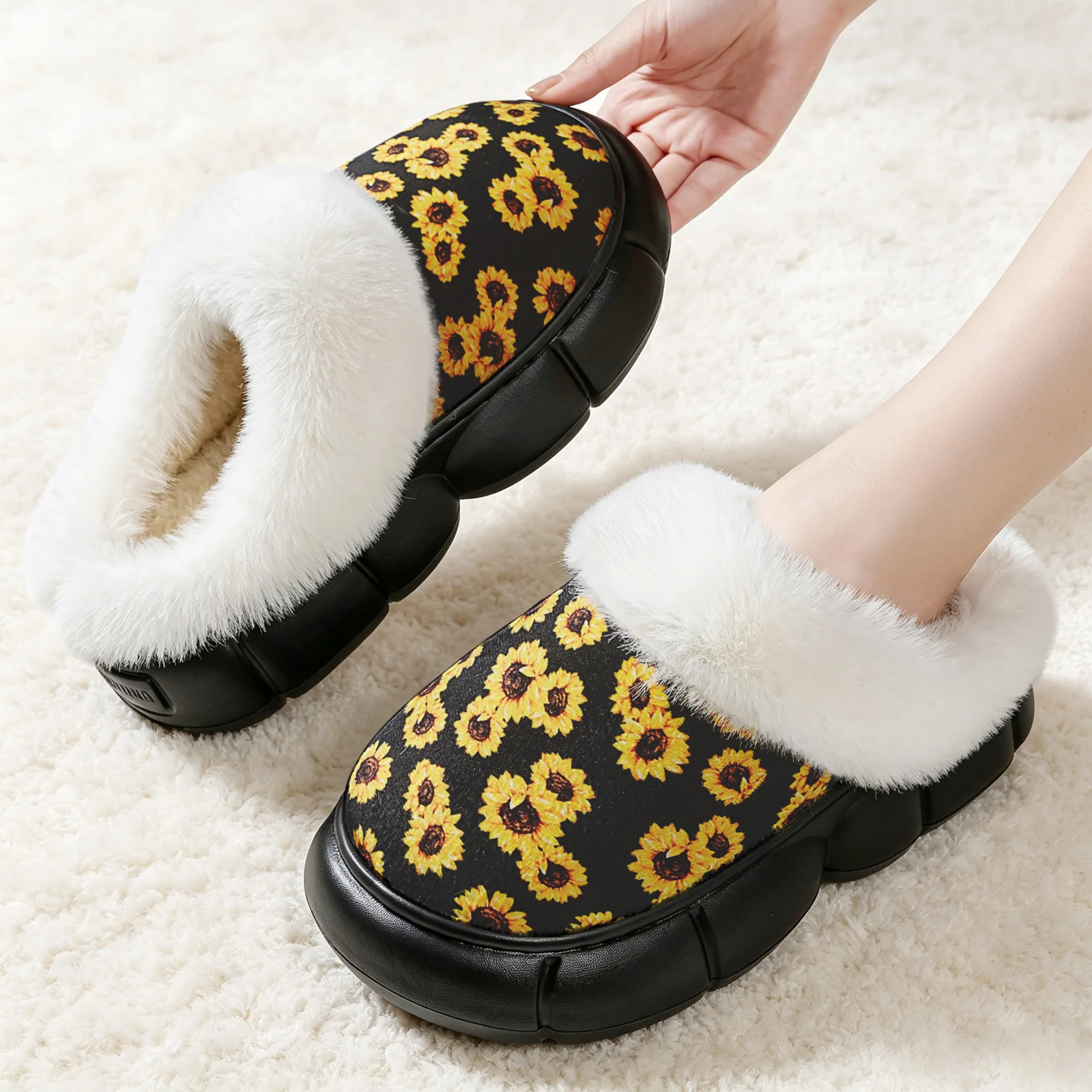 Women's Fluffy Slippers Memory Foam Sunflower Fur Collar Warm Cozy Indoor Outdoor Slip On Non Slip Shoes