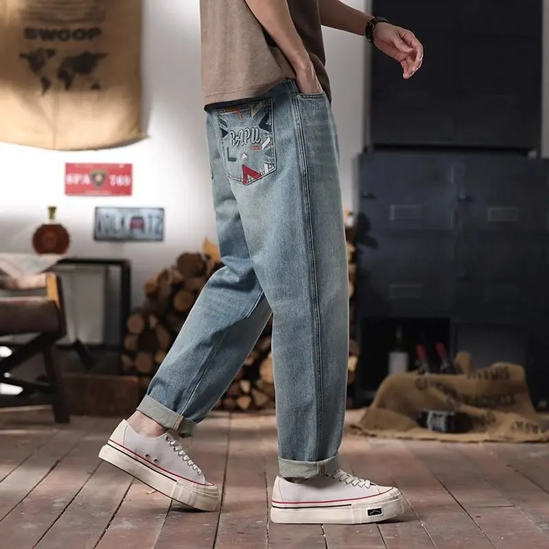 

Washed Denim Jeans Men's Loose Fit Straight Leg Cone Shape Summer Long Pants Embroidery American Retro Style New 2025