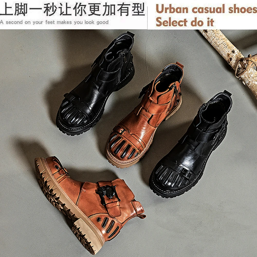 New Fashion Men\'s Genuine Leather Gothic Skull Punk Motorcycle Boots ZIP Cowboy Boots Male Ankle Boots Platform Tactical Boots