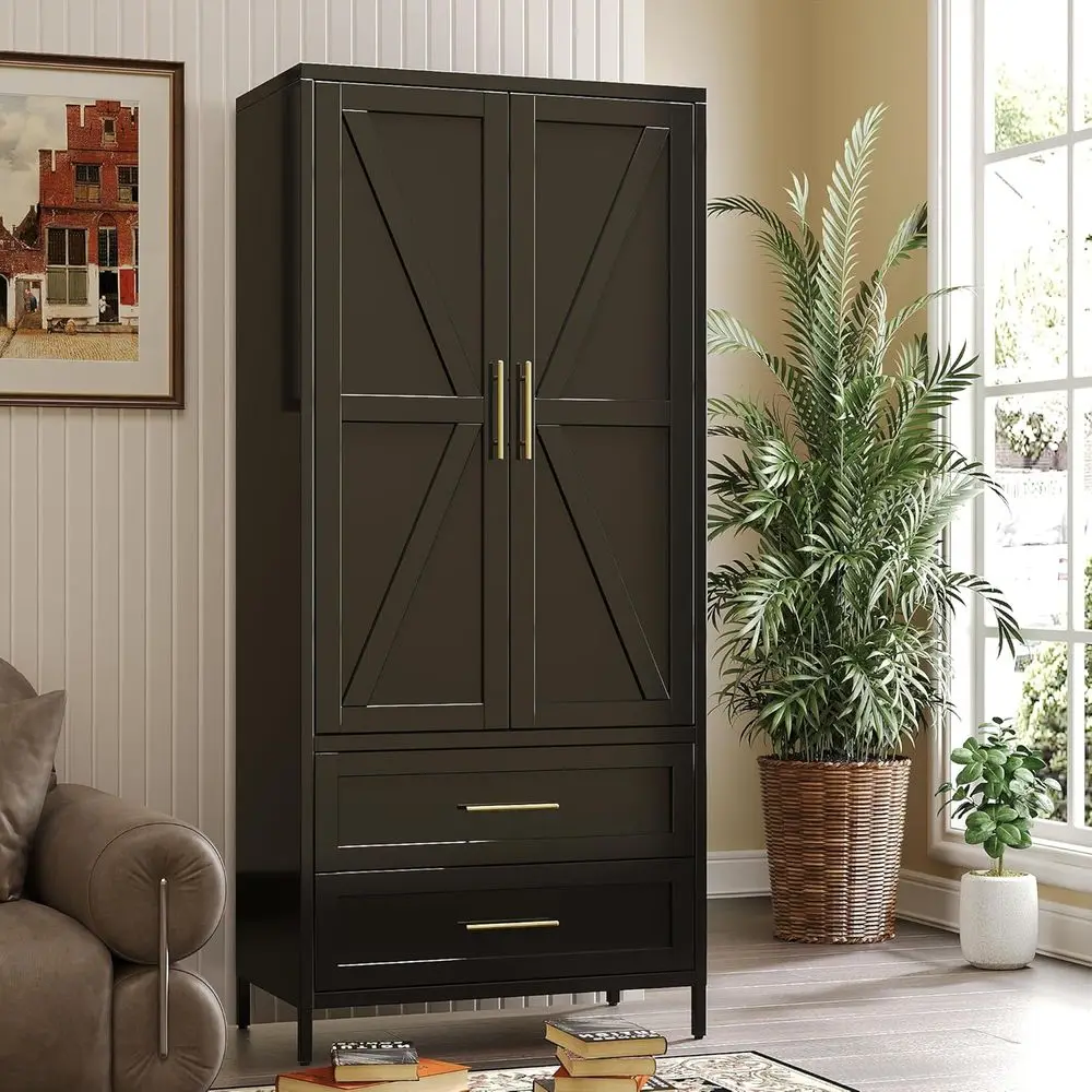 Black 70.9 Metal Wardrobe Cabinet with 2 Drawers, Adjustable Shelf & Hanging Rod