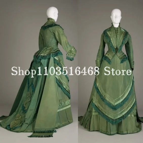 Medieval vitoriana Vestidos, Esmeralda Verde Cetim, plissado franjadas Appliquéd Corset Vestidos de baile, Histórico