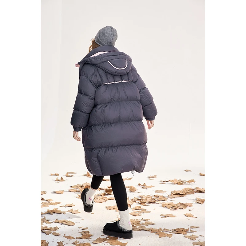 ELFSACK Minimalist Casual Pink Purple Color Block Hooded Puffy Long Down Coat For Women