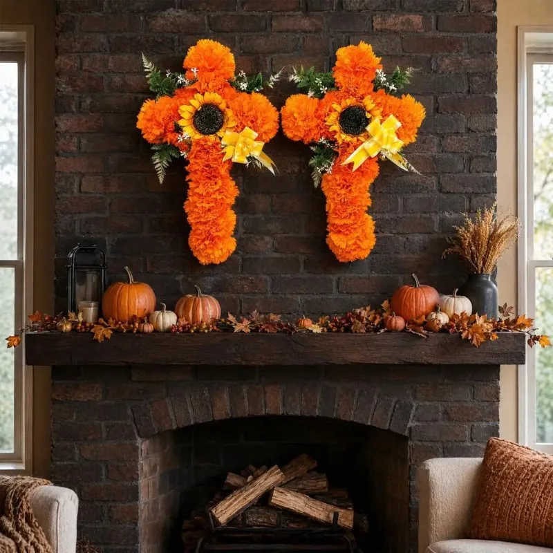 1-4PCS Halloween Day of Dead Flower Cross Bouquet Artificial Marigold Carnation for Home Party Altar Grave Decoration
