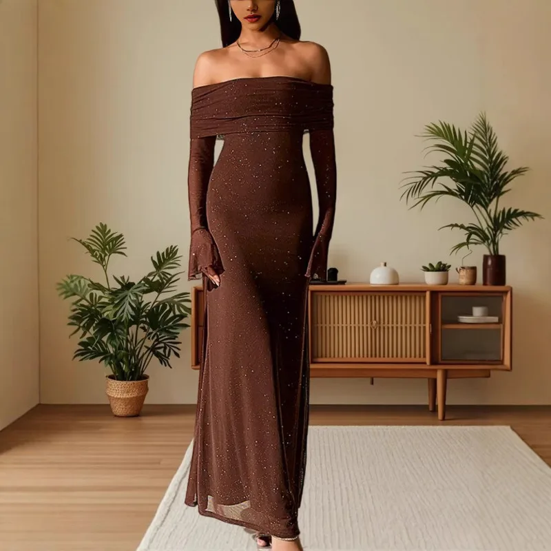

Stylish High End Chiffon Evening Gown Spring Trendy Sexy One Shoulder Flared Sleeve Fitted Bodycon Floor Length Party Dress
