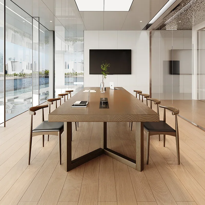 Simple modern solid wood conference table with socket reception table and chair combination