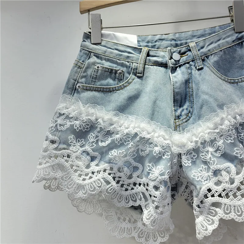 Whth moda feminina bordado renda design denim shorts 2024 inverno na moda cintura alta a linha calças curtas femininas 1ls485