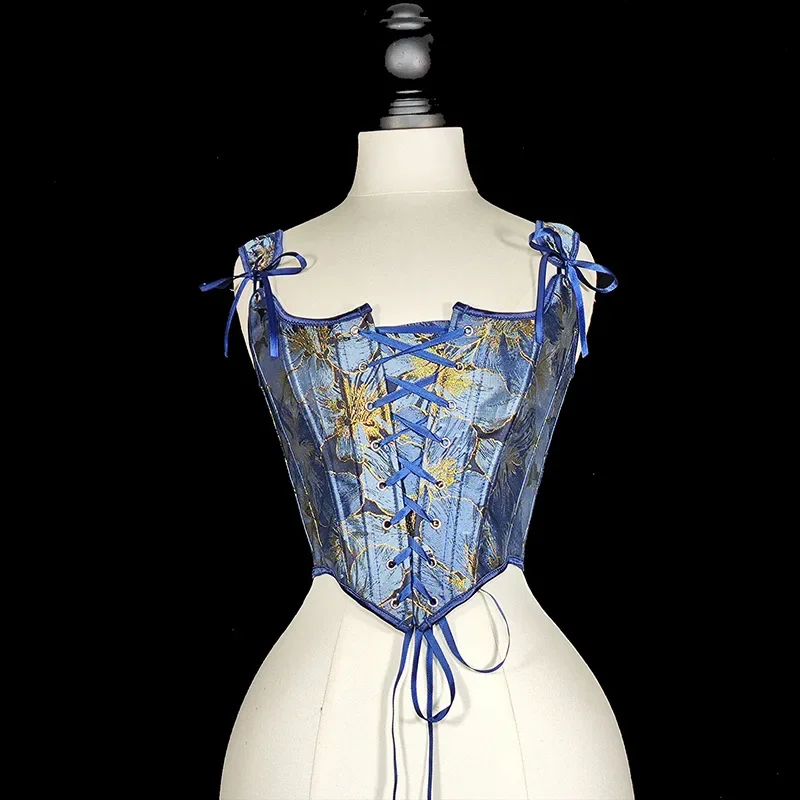 Women Corset Bustier Medieval Overbust Lace Up Boned Shaping Vest Female Slimm Waist Costume Blue Vintage Bodices For Dress