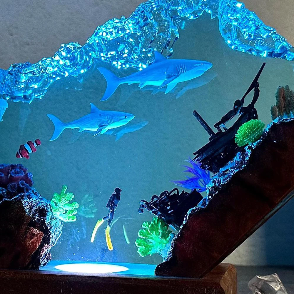 アンダーウォーターワールド生物樹脂テーブルライトクリエイティブアート装飾ランプサメ難破船テーマナイトライトUSB充電