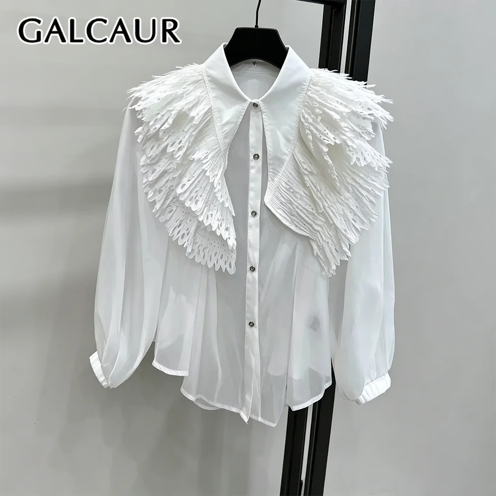 

Элегантная женская блузка GALCAUR с эффектом похудения, на одной пуговице, с отложным воротником, длинными рукавами, в стиле пэчворк, с накидкой-шалью, новая коллекция