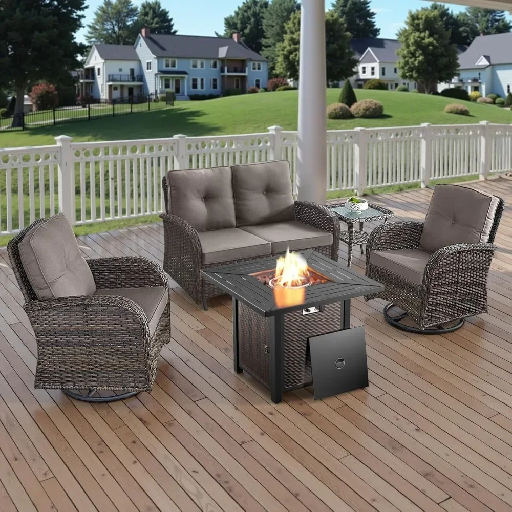 

5Piece Outdoor Patio Furniture Set with 50000 BTU Propane Fire Pit Table, Deep Seating Wicker Swivel Rocker Chairs，Backyard Grey