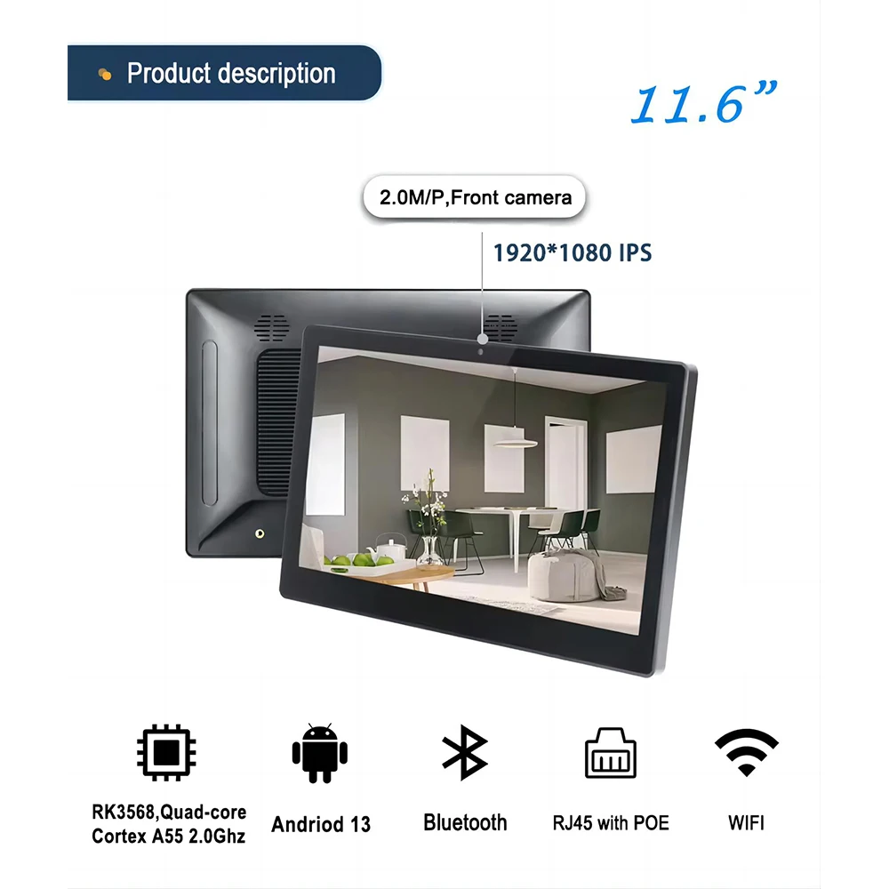 11.6-inch wall-mounted 1920*1080P HD touch screen Android 13 tablet computer 4G+32G RK3568 quad-core CPU (HDMI output,WIFI,POE)