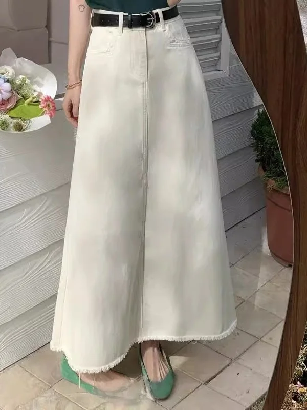 Taille haute a-ligne Fi queue jupe femme Denim jupe Midi avec ourlet effiloché trajet Sle été Faion grande taille
