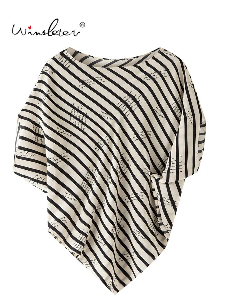 Winsleter-100%Real Silk Double Crepe Elegant T-Shirt, Slash Neck Striped, Women Design Sense Loose Top, 2026 Summer New T67432CC