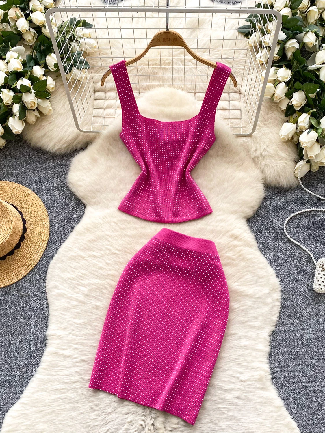 

Chic Suspender Square Collar Hot Diamond Knitted Cropped Tops+mini Skirt 2 Pcs Suit Set Dress Y2k Party Club