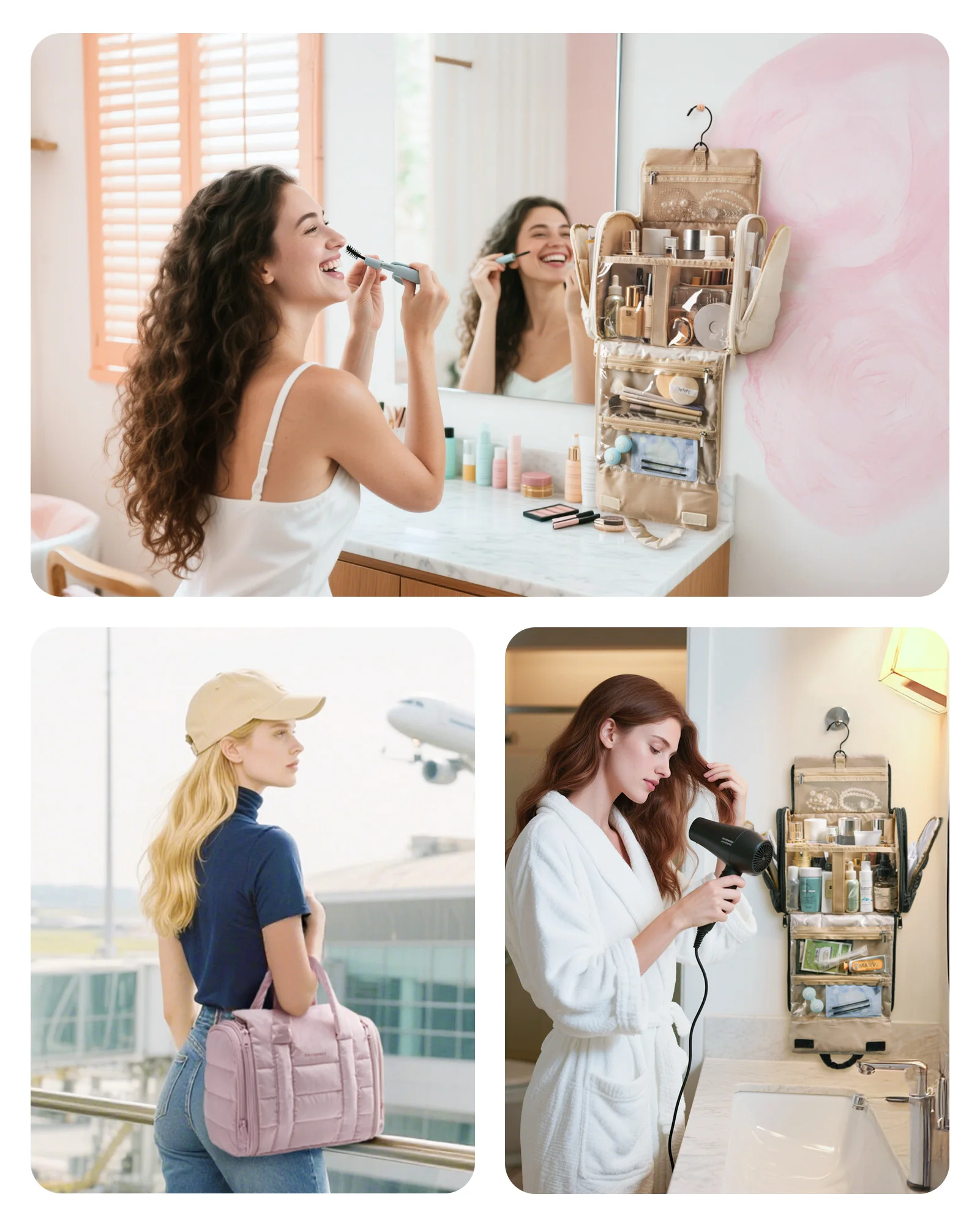 BAGSMART Borsa da toilette da donna con gancio per appendere Borsa cosmetica per trucco gonfio resistente all'acqua per accessori Contenitore per shampoo Toilette