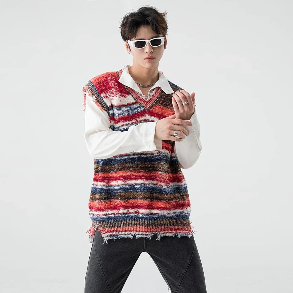 

Жилет без рукавов в градиентную полоску в стиле Харадзюку Y2K, стираный рваный топ с v-образным вырезом и v-образным вырезом, мешковатый пуловер, вязаный свитер