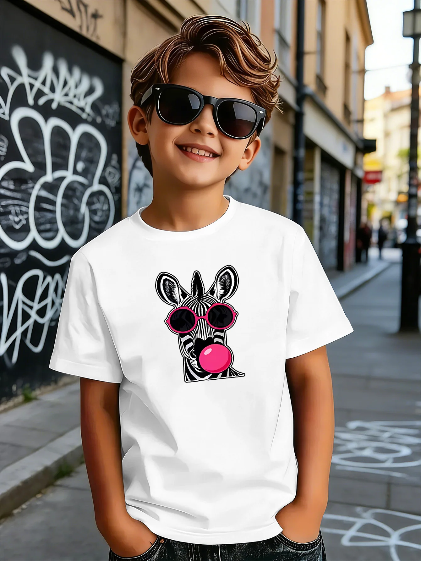 Cool Zebra Bubble Gum Cartoon Kids T Shirt Boys Girls Short Sleeve Crew Neck Cotton Parent Matching Tops Toddler Youth