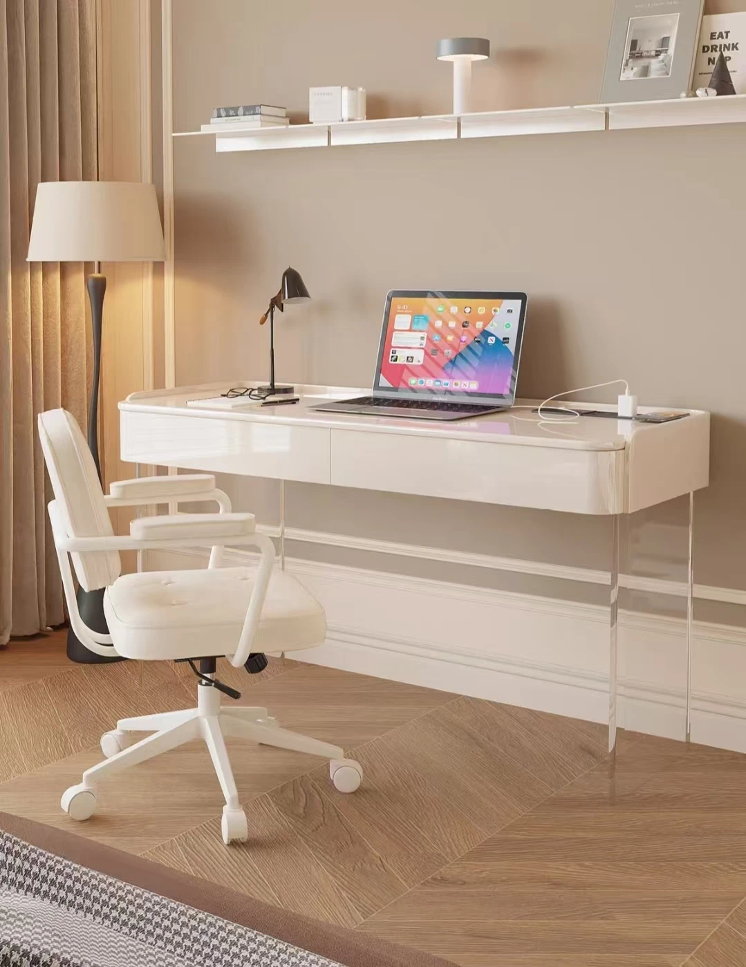 Creamy White Acrylic Desk Matches Luxe Office Chair, Creating a Healing Modern Minimalist Workspace