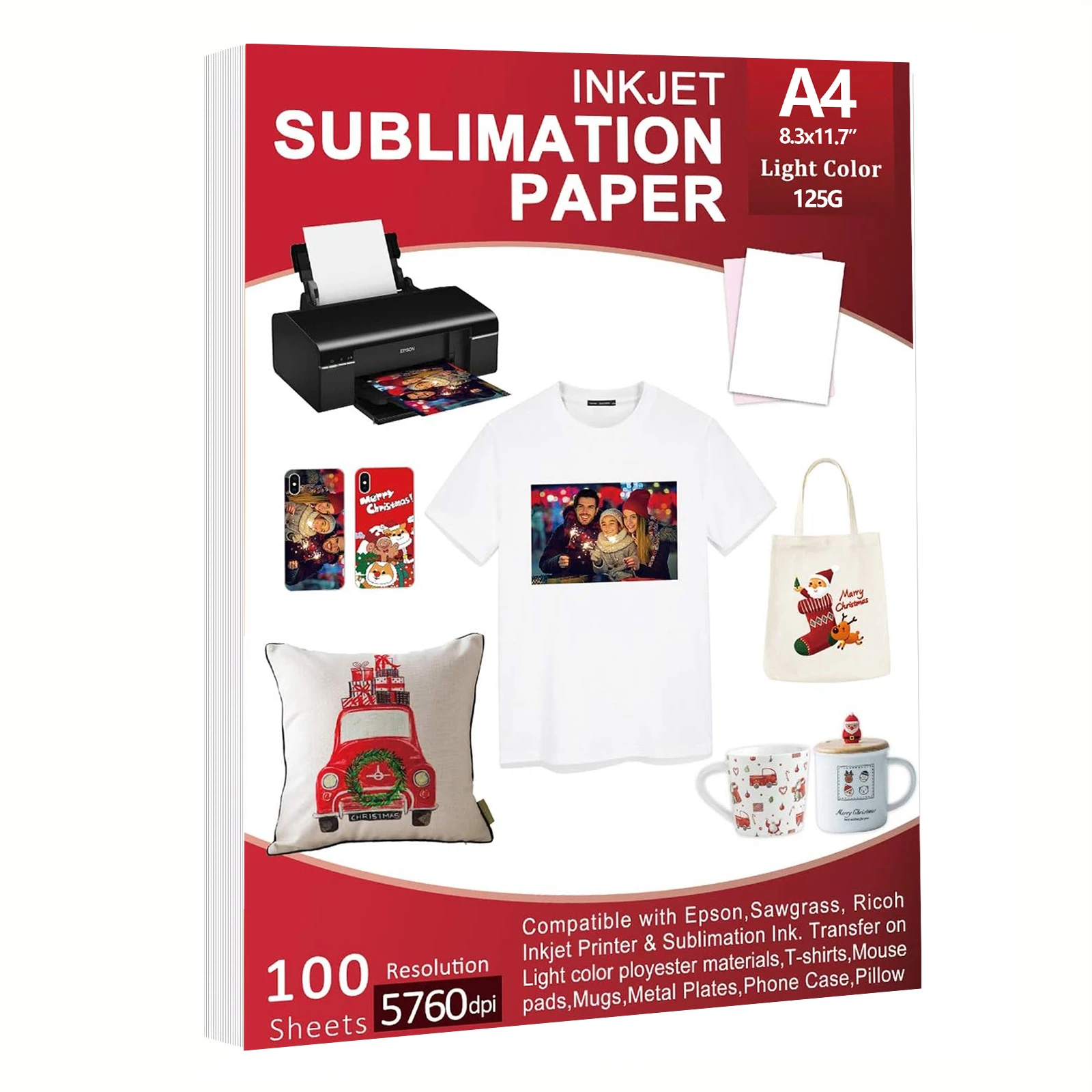 100 Sheets A4 Sublimation Paper Work with Sublimation Ink for Mugs T-Shirts Light Fabric and Other Sublimation Blanks 125G