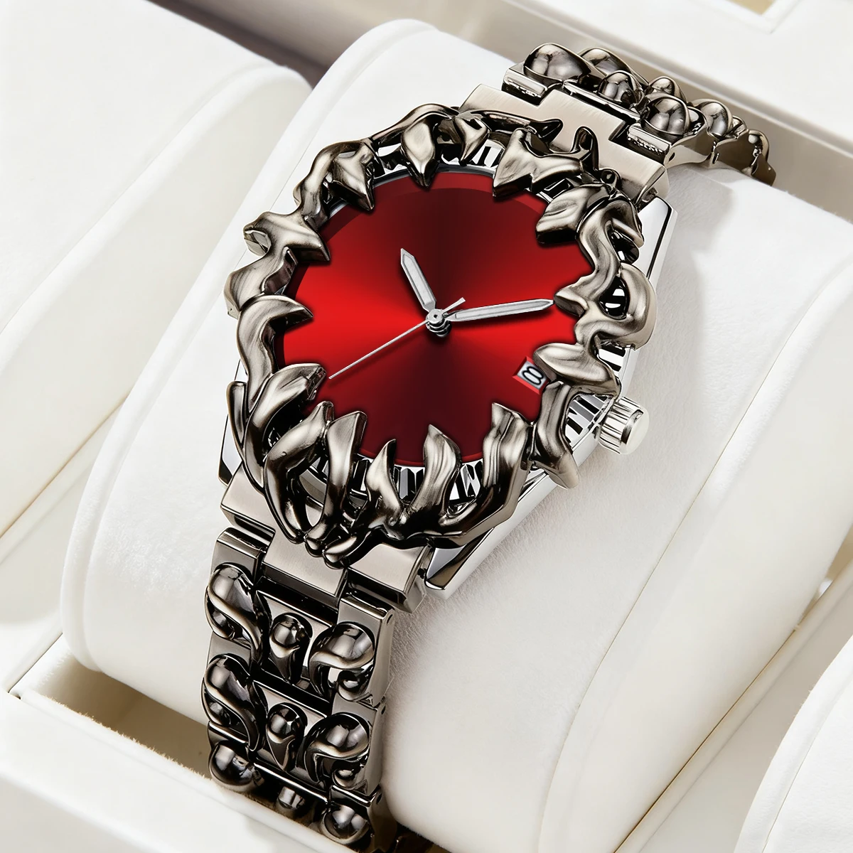 Quartz Men Watches 40mm Trendy Heavy Metal Retro Man Red Rose Iron Thorn Military Stainless Steel Clock Top Brand Watch for Men