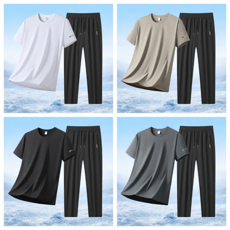 

Men Outdoor Basketball Training Lightweight Breathable Sportswear Fashion Trend Ice Silk Short Sleeved T-shirt Casual Pants Set