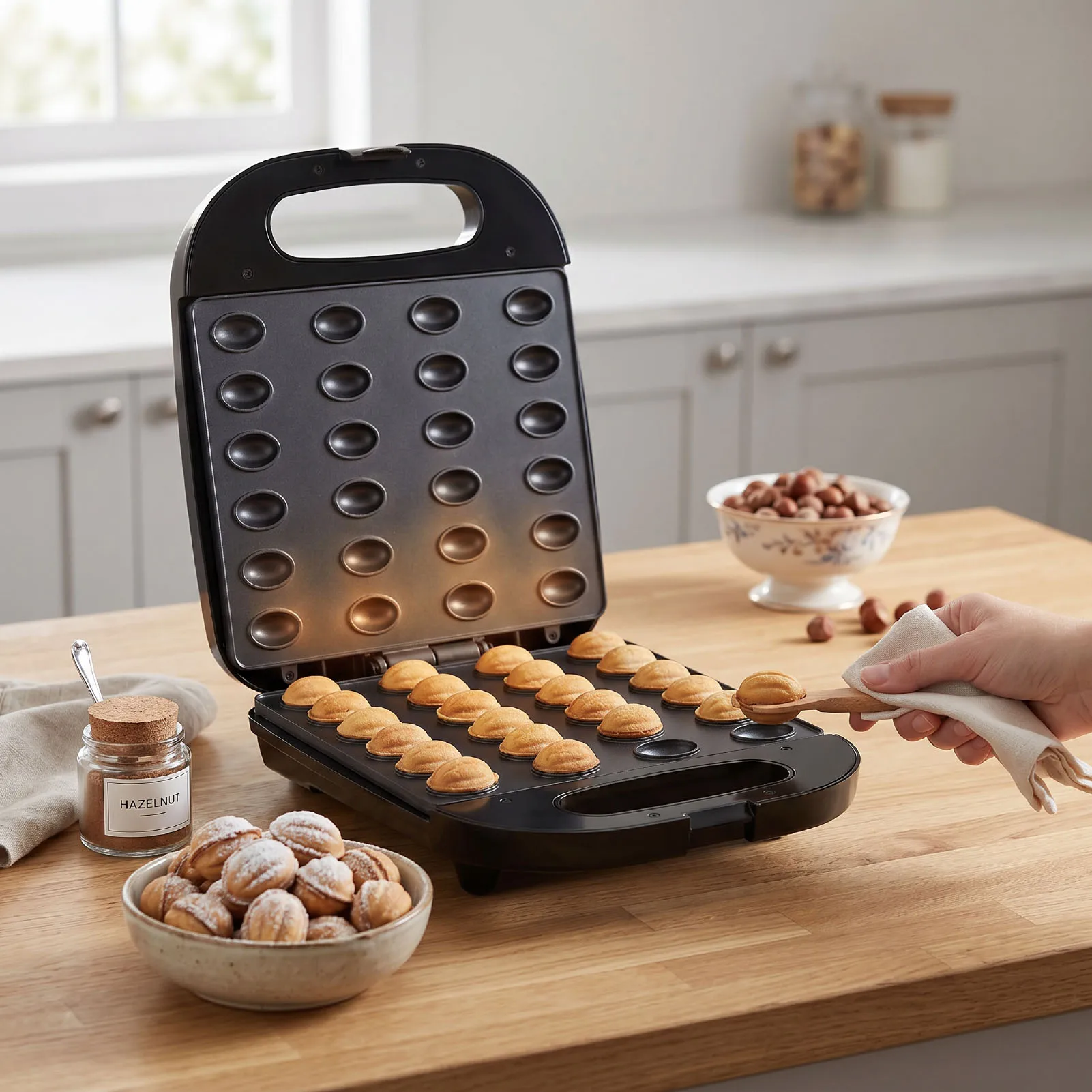 110V/220V Walnut Cookie Maker 1400W Fast Heating Nut Maker Large Capacity Nonstick Electric Walnut Cake Mould US/EU Plug