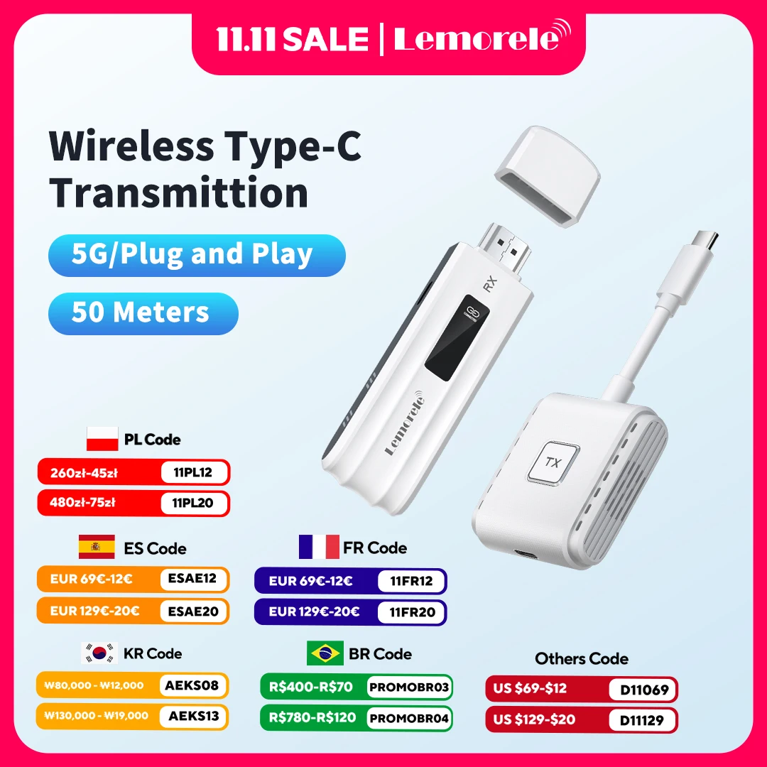 Lemorele 50 メートル Type-C ワイヤレスビデオトランスミッター HDMI レシーバーエクステンダーキット 1080P ディスプレイアダプターカメラモニター PC からテレビ用