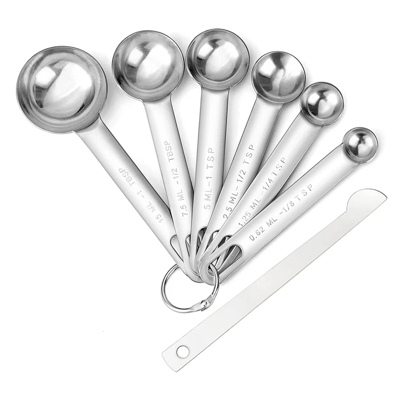 

Stainless Steel Measuring Spoons Cups Set, Small Tablespoon, Teaspoons, Set 6 With Bonus Leveler, For Dry And Liquid