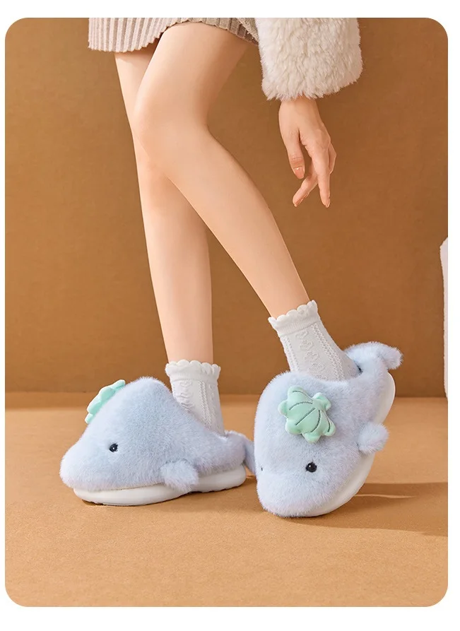Neue Niedliche Plüsch-Delfin-Hausschuhe für Damen mit Muschel-Applikation, Gemütliche Offene Rückseite, Flauschige Indoor-Schuhe, Warme Winter-Hausschuhe für Frauen – Detail 8
