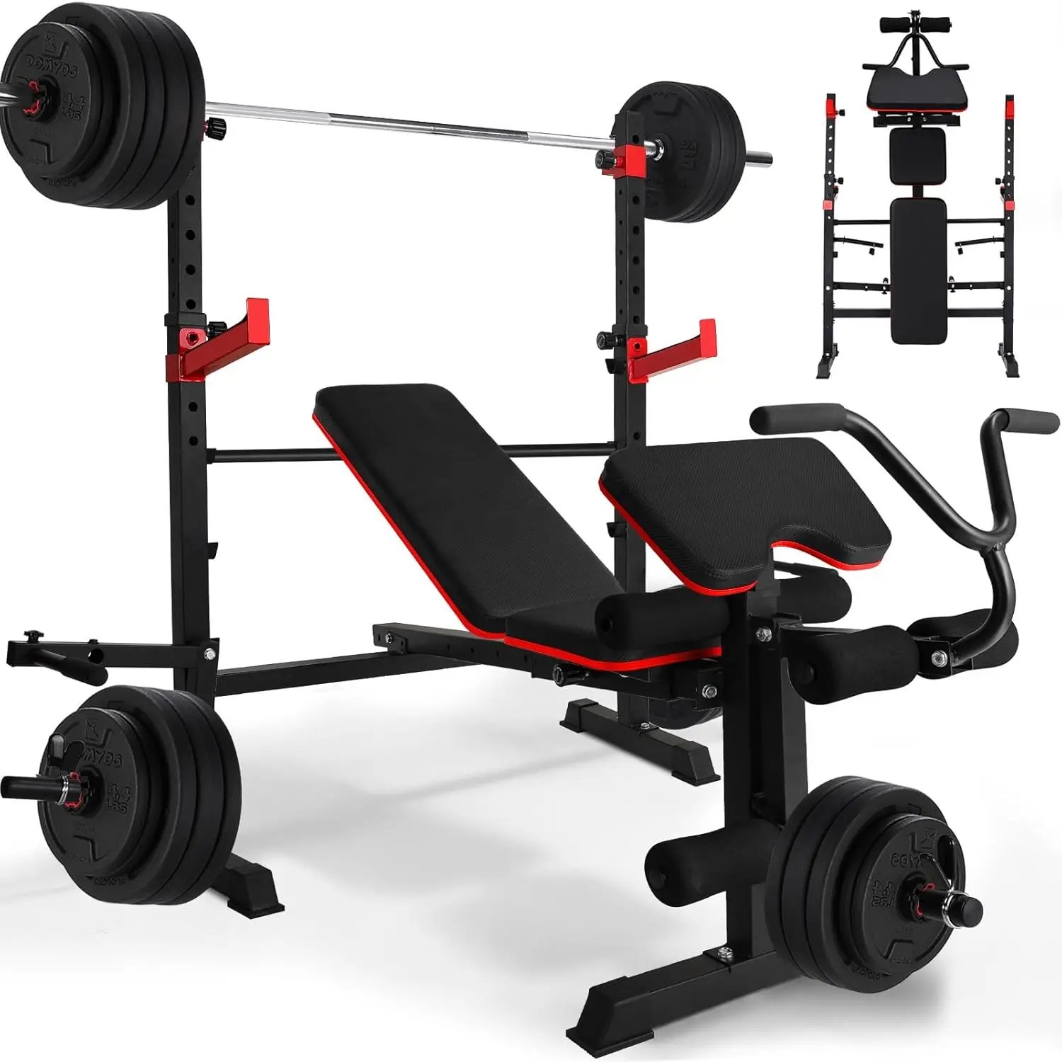 900LBS 6in1 Adjustable Weight Bench Set W/Leg Extension &Preacher Curl,Multi-Function,Olympic Foldable Bench Press Set Pegs,Rack