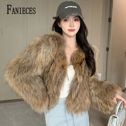 FANIECES Winter Luxury Faux Fox Fur Crop Coat Women O Neck Long Sleeve Cardigan Fluffy Fur Outerwear Short Imitation Fur Jacket