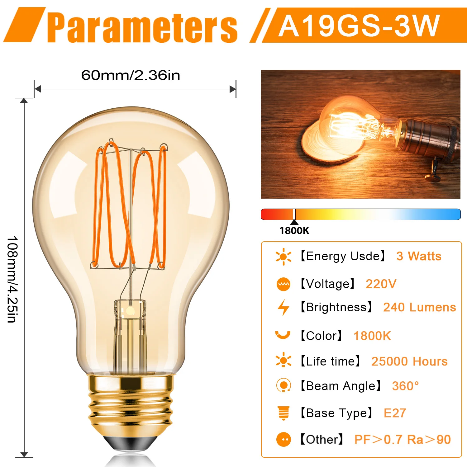 A19 Vintage Edison Bulb 3W LED Antique Filament Light Bulbs 1800K Amber Warm E27 E26 Light Bulbs for Pendant Bedroom Ceiling Fan