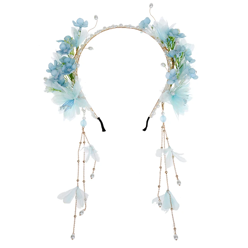 Blau hanfu fee kopfschmuck perle blume quaste buyao stirnband lolita mädchen haarnadel haar zubehör prinzessin kopf bedeckung haar bügel