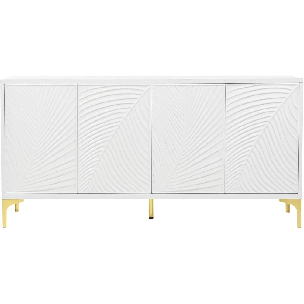 

Modern 4-Door Sideboard with Creative Carved Surface and Adjustable Shelves for Study, Entryway, Living Room(White)