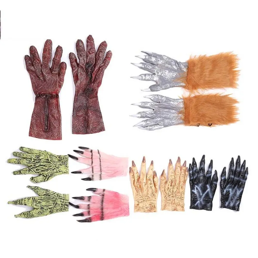 Prank Vinyl Halloween Cosplay Gloves Plush Waterproof Werewolf Simulated Gloves Terrifying Bloody Makeup Party Props Carnival