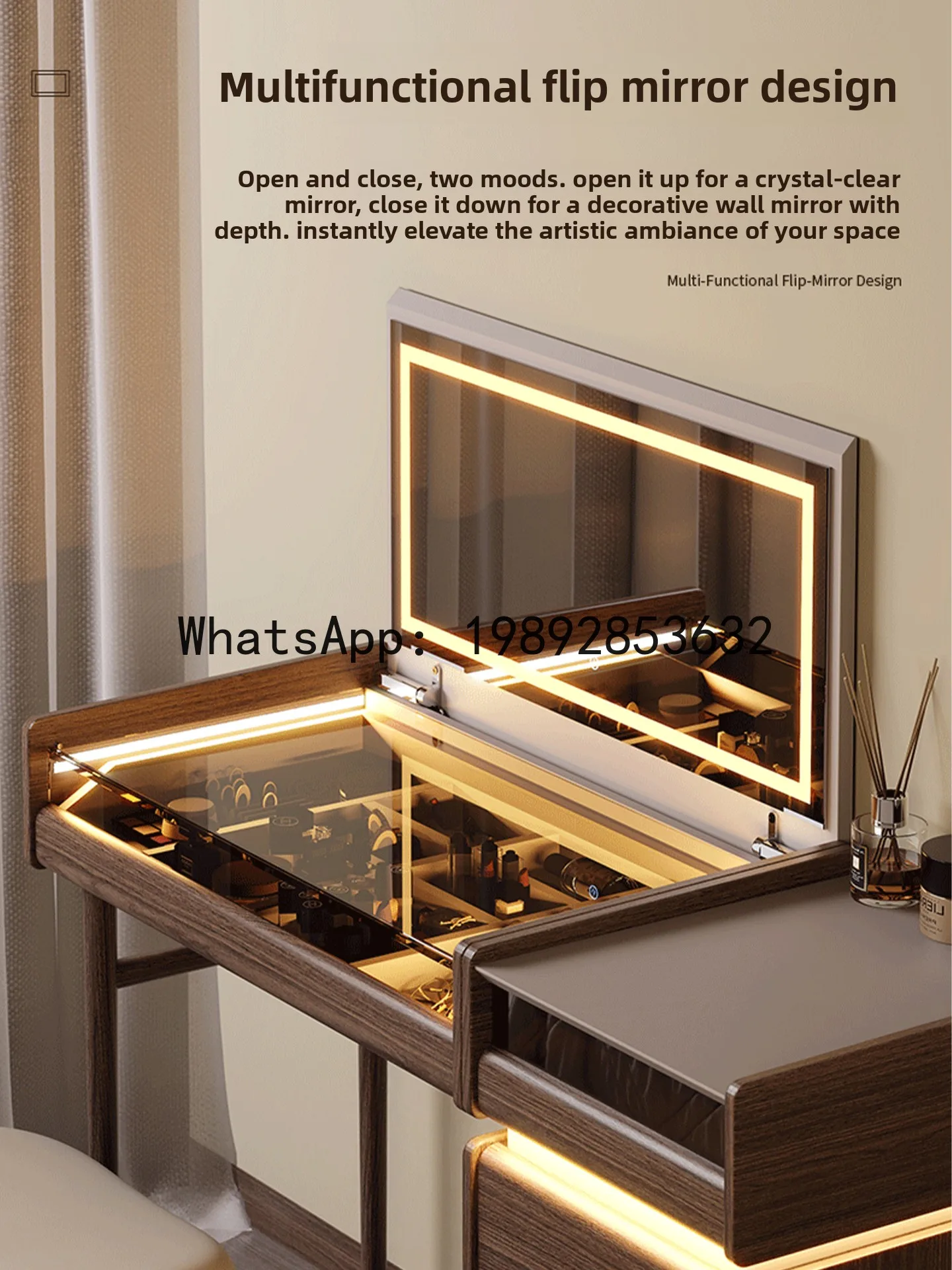 LYY Vintage Style Dressing Table and Bedside Cabinet Combo Small Bedroom Simple Solid Wood Makeup Mirror Cover Dressing Table