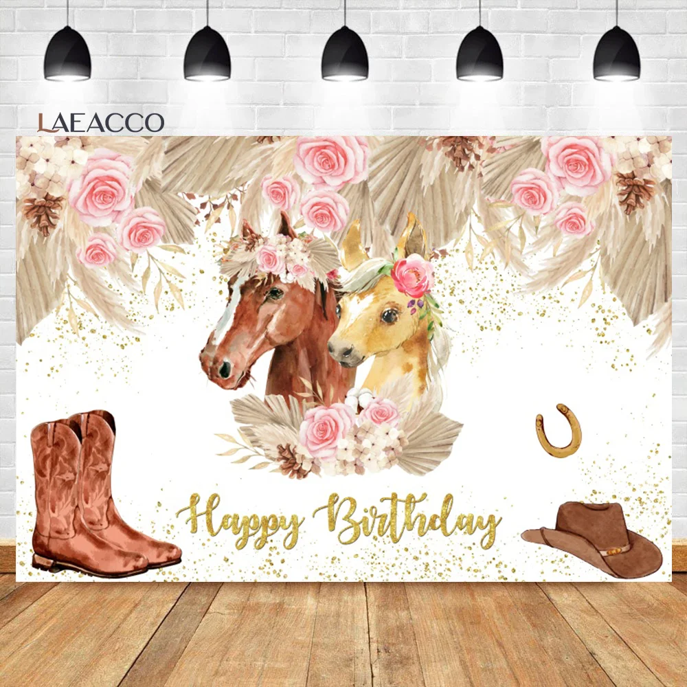 Laeacco Ngựa Sinh Nhật Phông Nền Tây Nông Trại Màu Nước Hoa Màu Da Bò Cho Bé Chân Dung Tùy Chỉnh Nền Chụp Ảnh