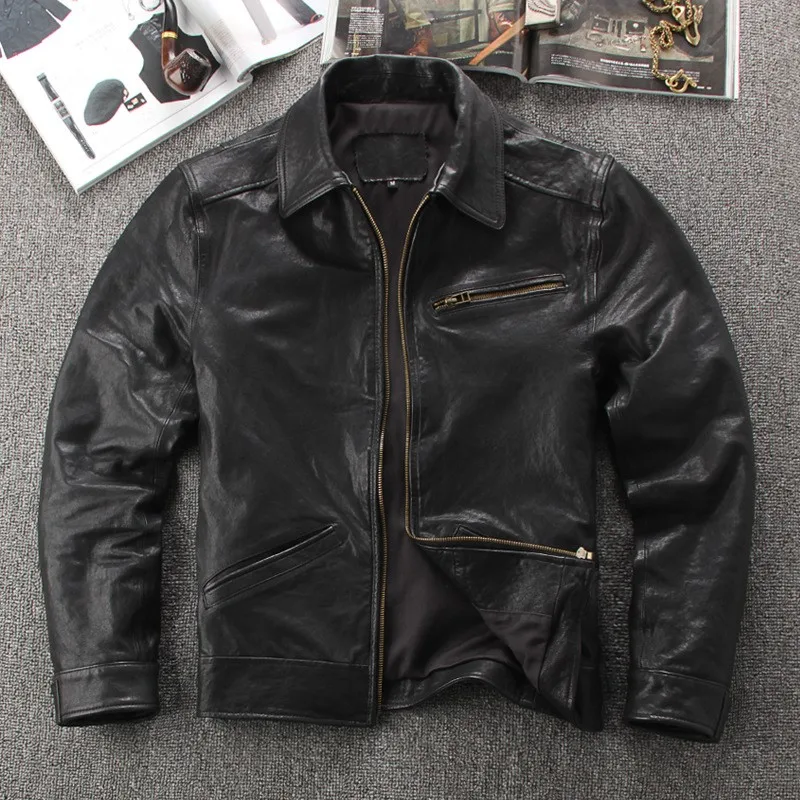 

New leather men's all-vegetable-tanned lapel zipper motorcycle casual coat