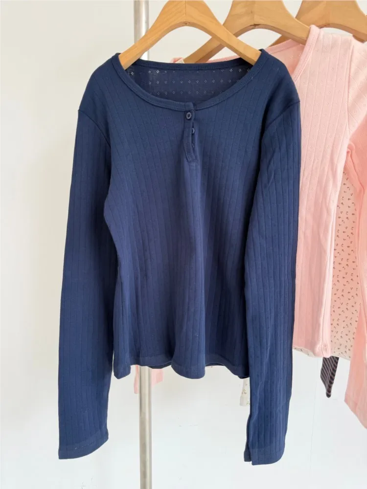 Navy Eyelet Three Buttons Long Sleeve T-Shirt New Autumn O-Neck Simple Slim Tee Top for Women Sweet Cute Basic Tshirt Y2k Tops
