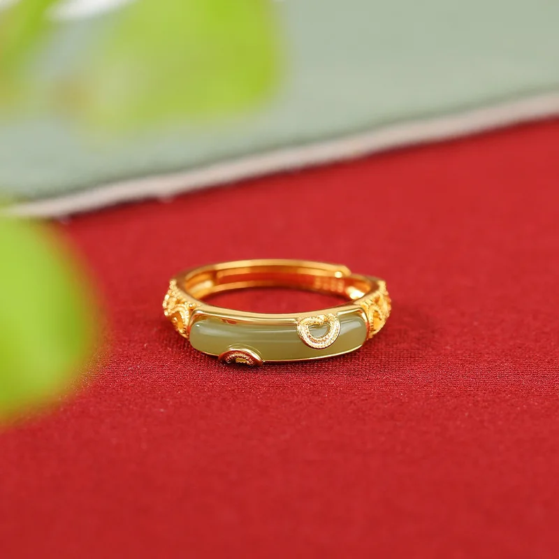 Natural Hetian S925 Sterling Gold-Plated Floral Pattern Semi-Curved Green Jade Silver Ring